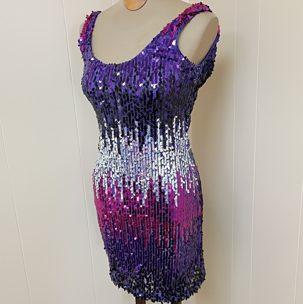 Masquerade Vintage 90s Disco Ombré Pink Purple Silver Sequin Mini Glam Dress